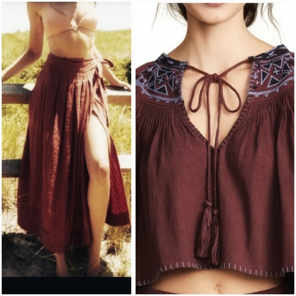 NWT Free people wrap skirt and boho embroidered crop top